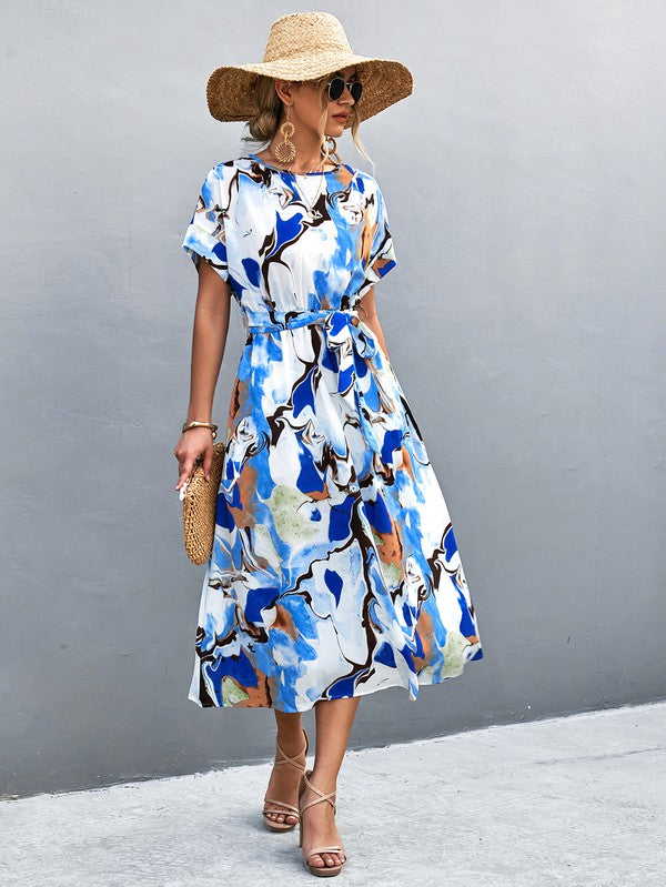 Women Print Round Neck Neck Short Sleeve Dress - Charming Charlie