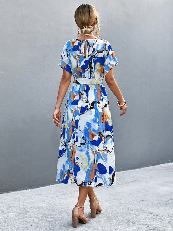 Women Print Round Neck Neck Short Sleeve Dress - Charming Charlie