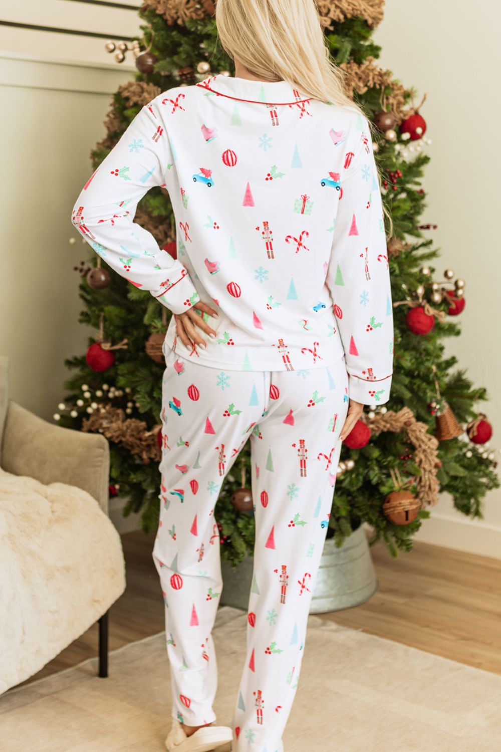 Christmas Printed Collared Neck Top and Pants Lounge Set - Charming Charlie