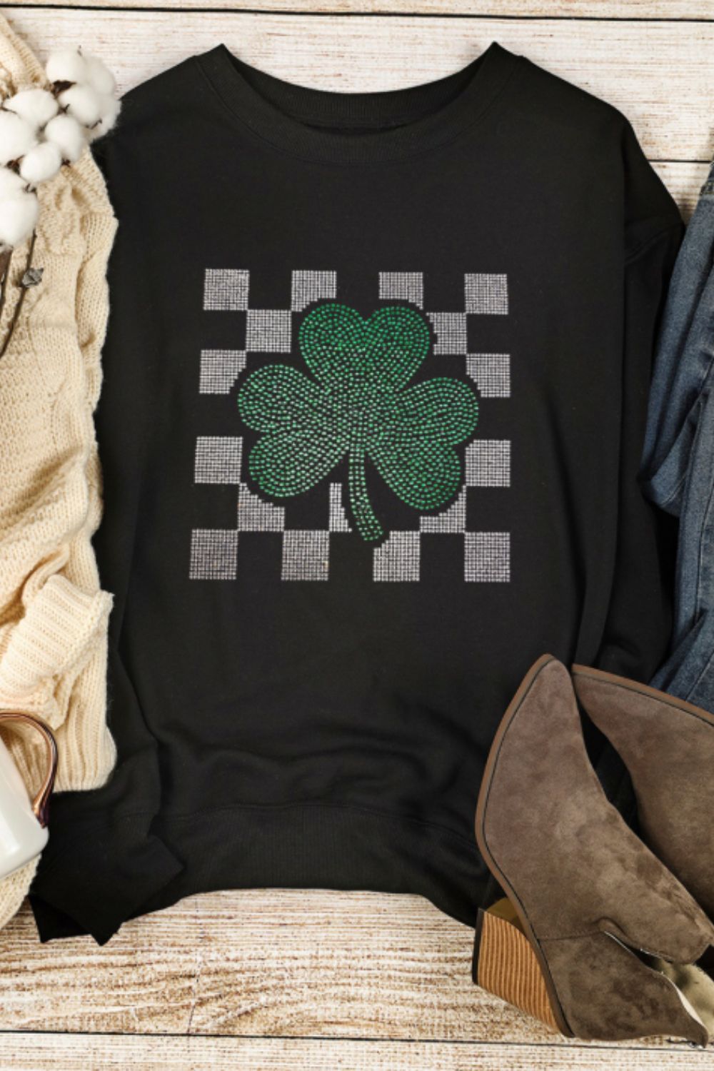Rhinestone Checkered Lucky Clover Round Neck Sweatshirt - Charming Charlie