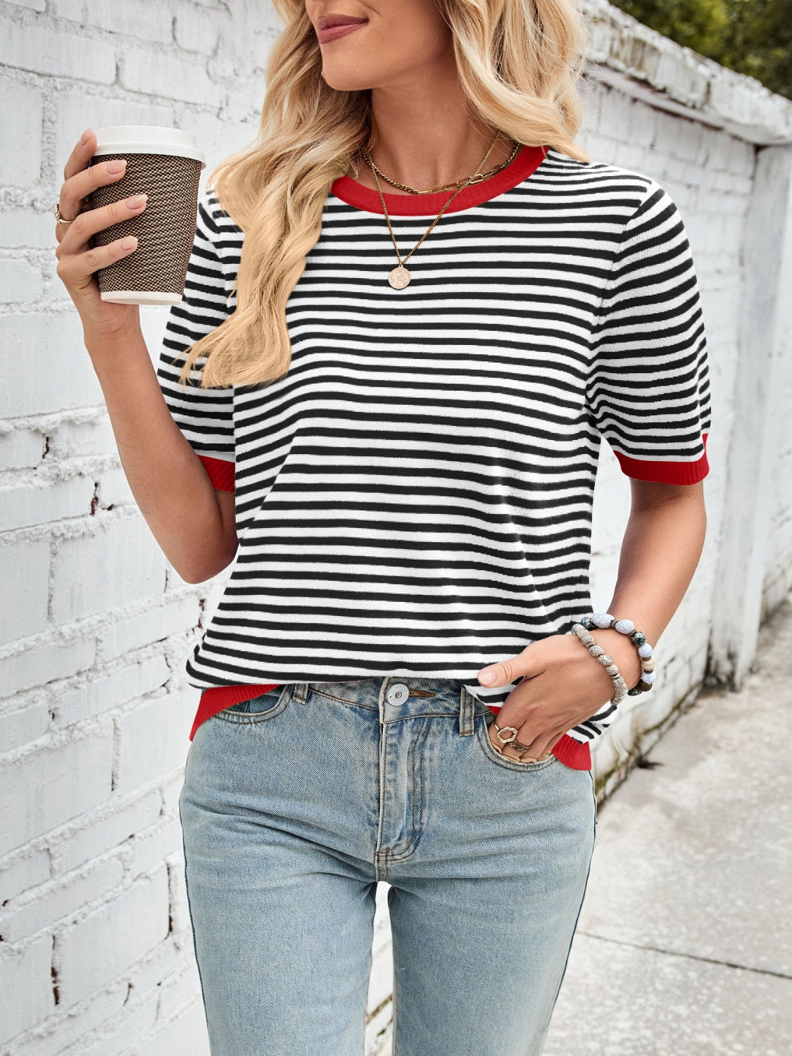 Lovelet Striped Contrast Round Neck Half Sleeve Knit Top - Charming Charlie