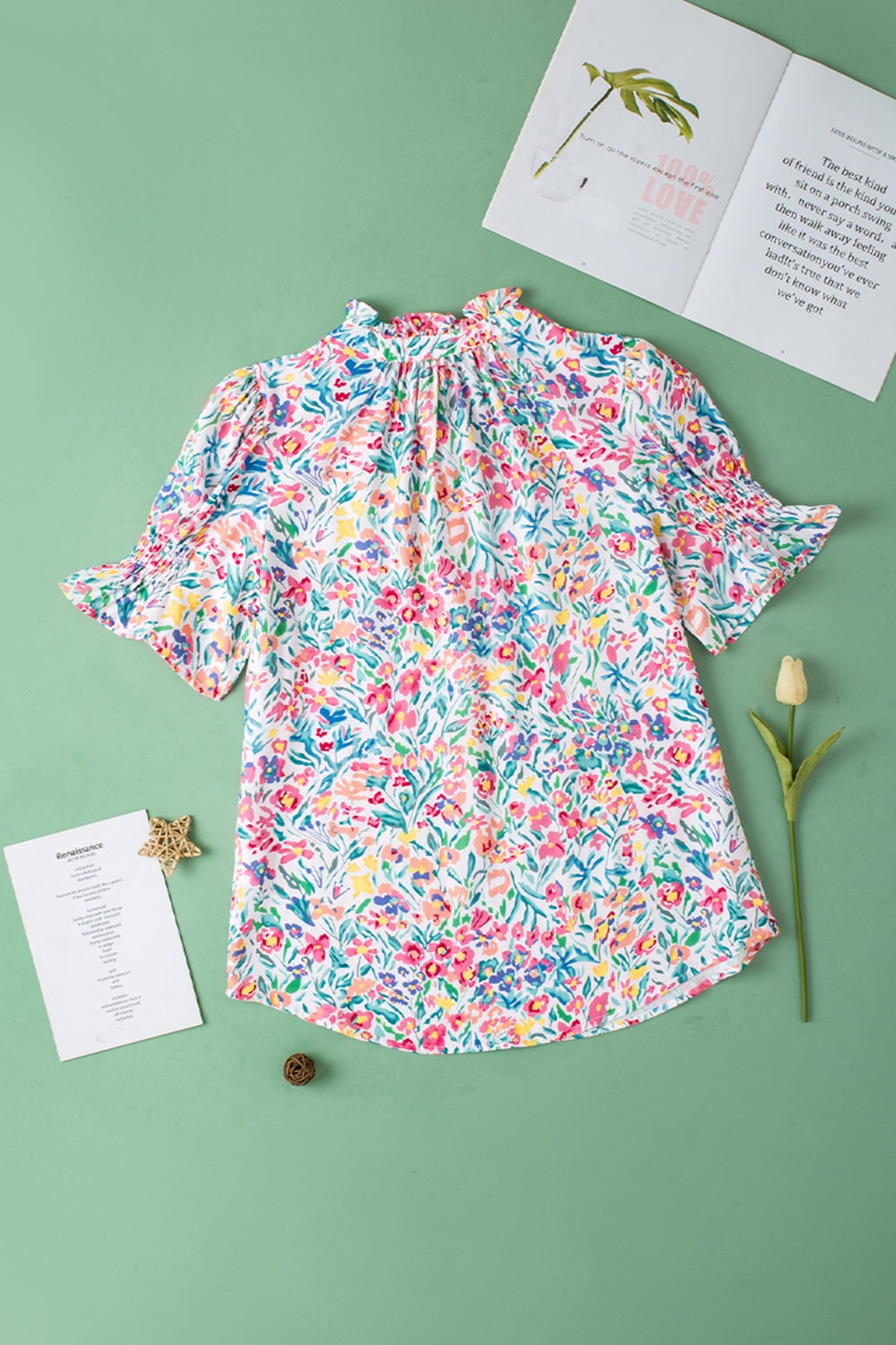 Printed Notched Short Sleeve Blouse - Charming Charlie