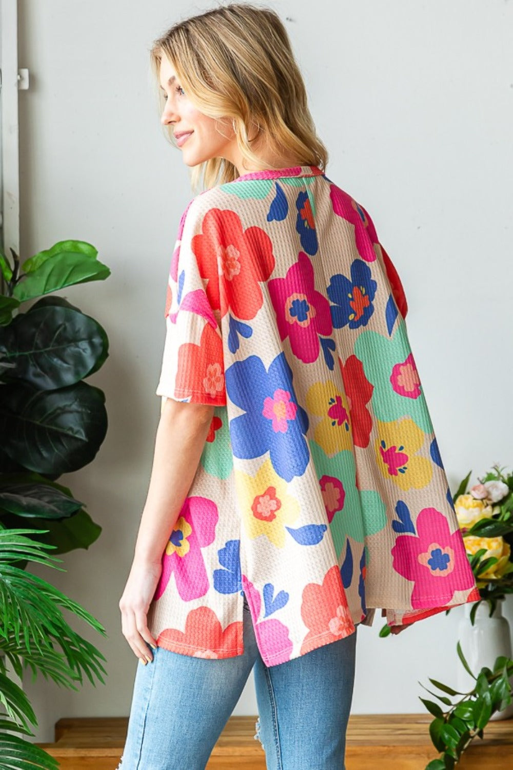 HOPELY Full Size Floral V-Neck Side Slit T-Shirt - Charming Charlie