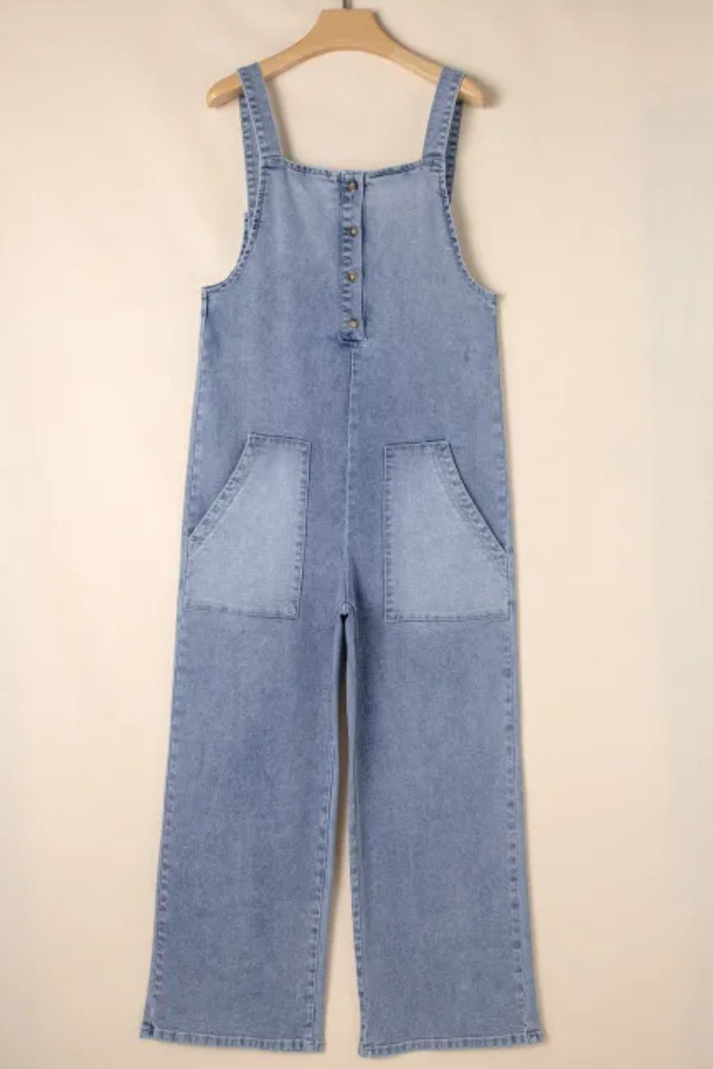 Wide Strap Denim Overalls with Pockets - Charming Charlie