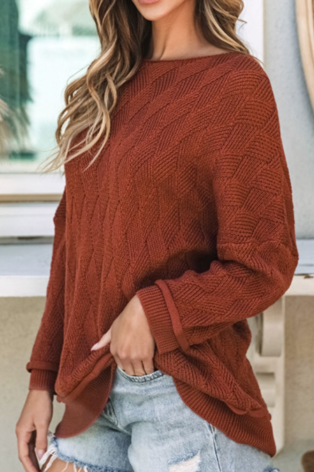 Diamond Round Neck Dropped Shoulder Sweater - Charming Charlie