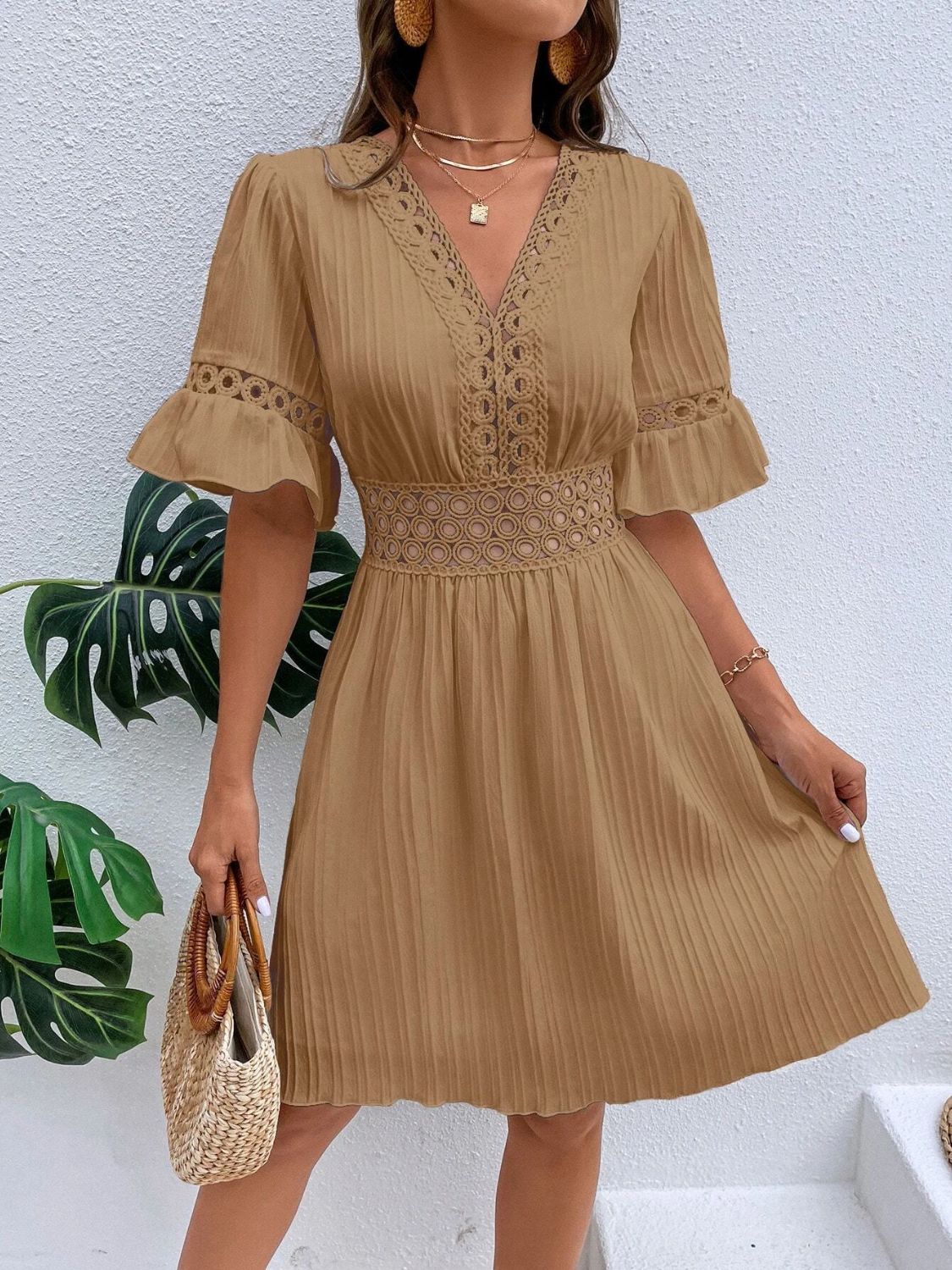 Cutout V-Neck Flounce Sleeve Mini Dress - Charming Charlie