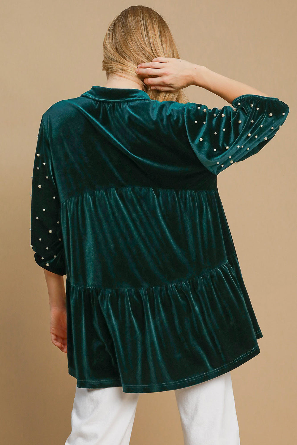 Umgee Pearl Detail Half Sleeve Velvet Babydoll Blouse - Charming Charlie