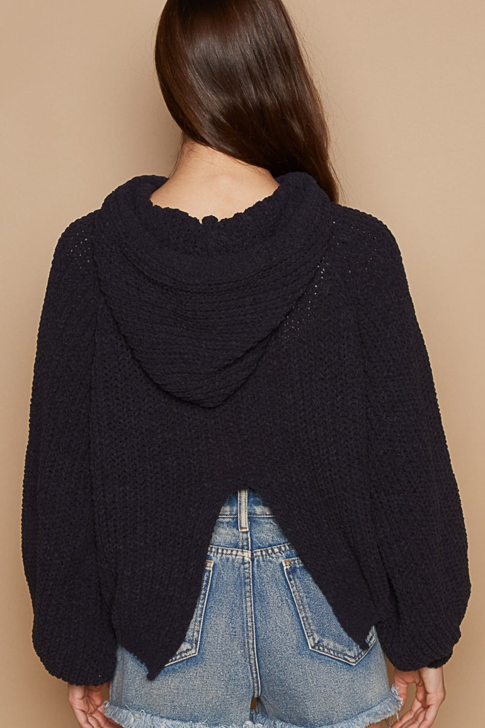 POL Back Open Slit Balloon Sleeve Crop Hooded Sweater - Charming Charlie