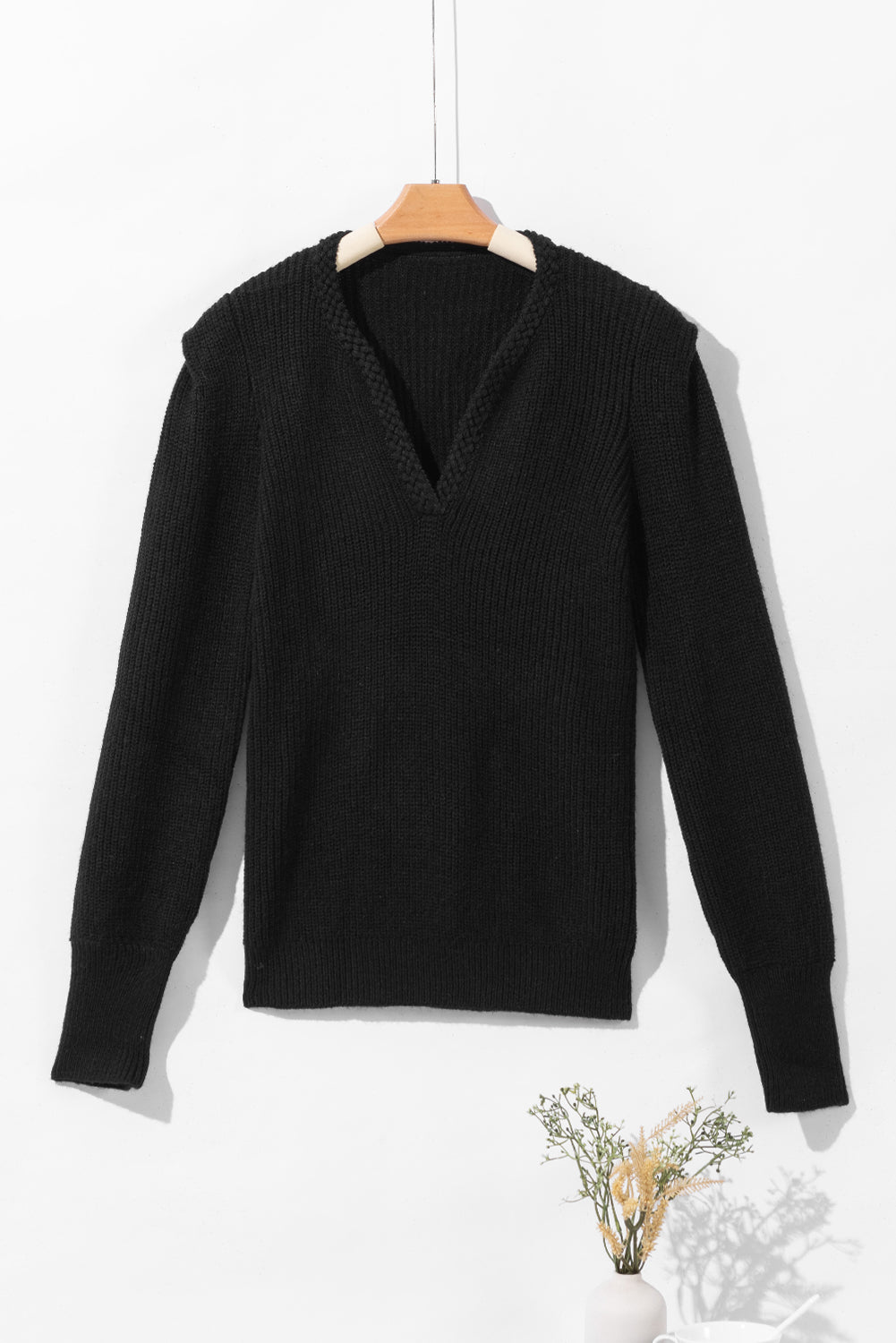 Solid Color Notched Long Sleeve Sweater - Charming Charlie