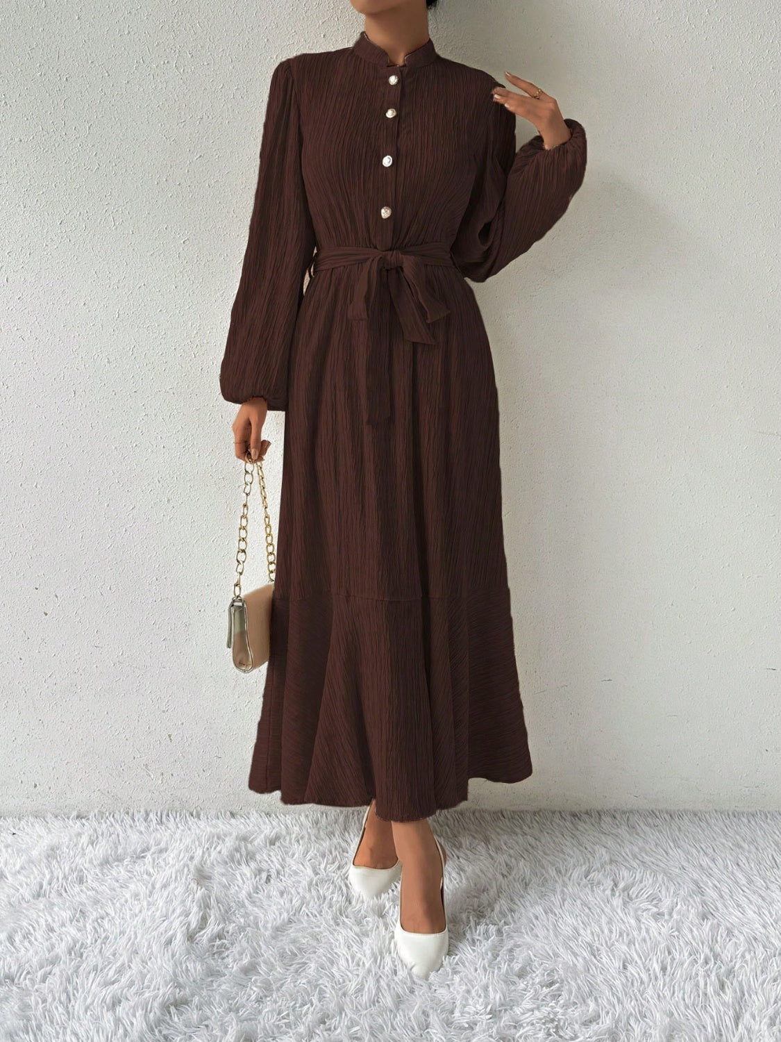 Half Button Tie Waist Long Sleeve Maxi Dress - Charming Charlie