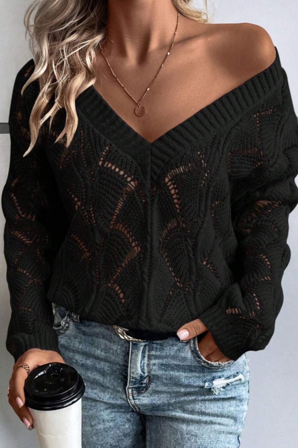 Openwork V-Neck Long Sleeve Sweater - Charming Charlie