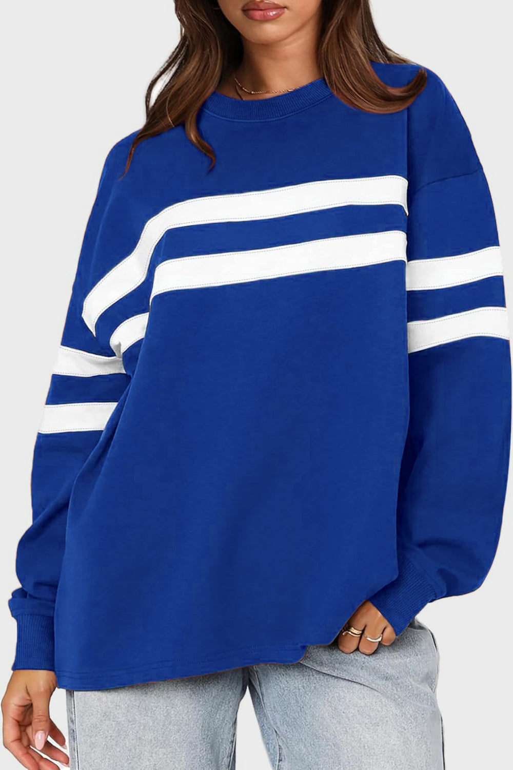 Lovelet Striped Round Neck Dropped Shoulder Sweatshirt - Charming Charlie