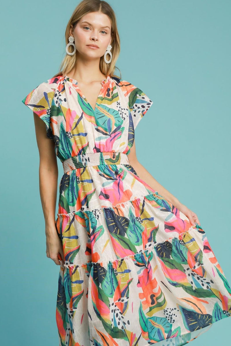 Umgee Full Size Abstract Print Elastic Waist Midi Dress Plus Size