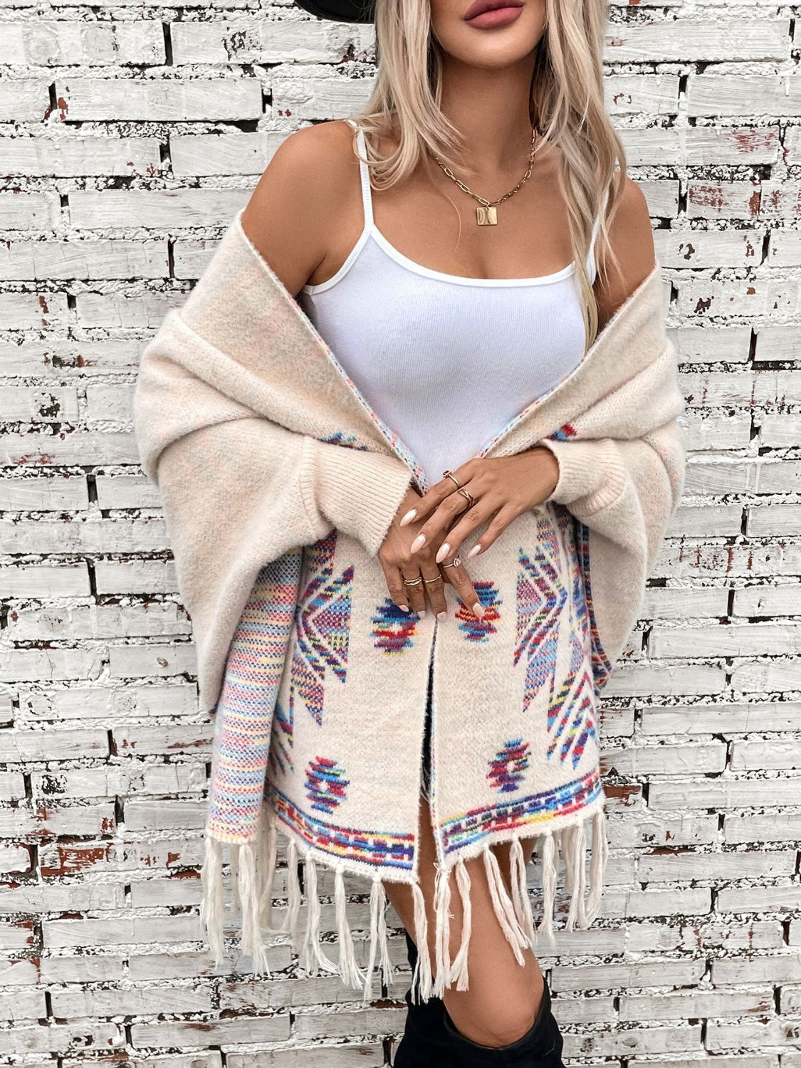 Fringe Geometric Open Front Long Sleeve Cape - Charming Charlie