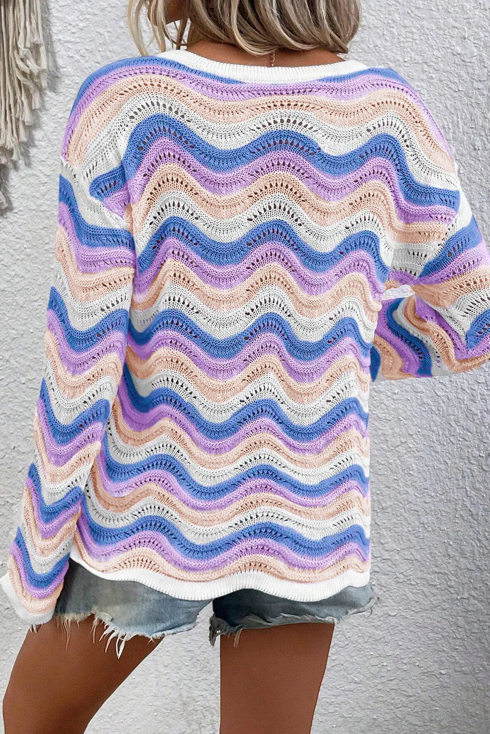 Contrast Wave Stripe Long Sleeve Sweater - Charming Charlie