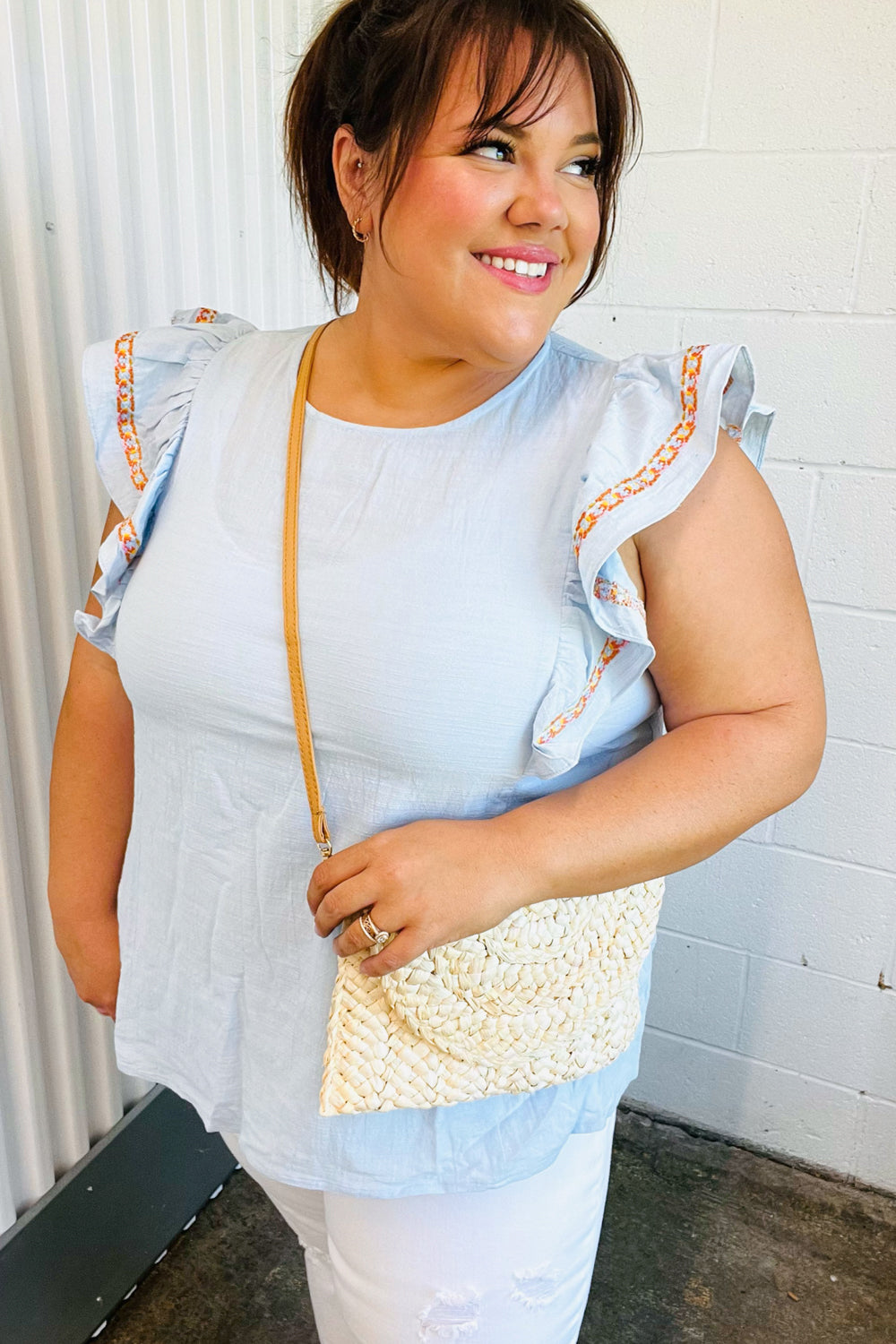 Chambray Embroidered Flutter Sleeve Top - Charming Charlie