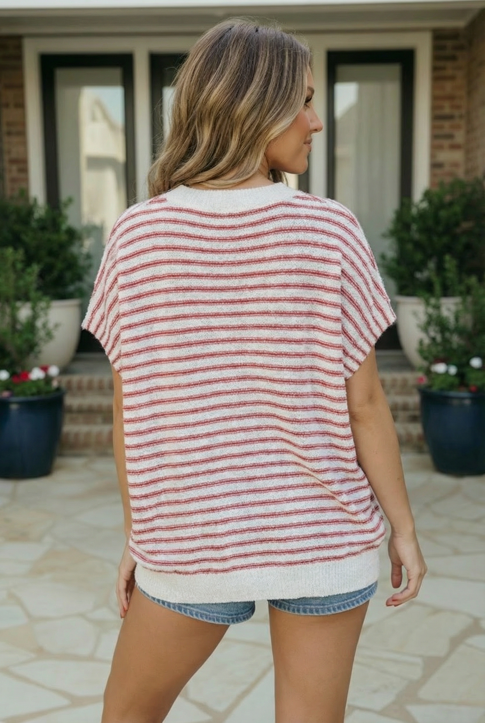 Breezy Stripe Knit Top in Ivory and Red - Charming Charlie
