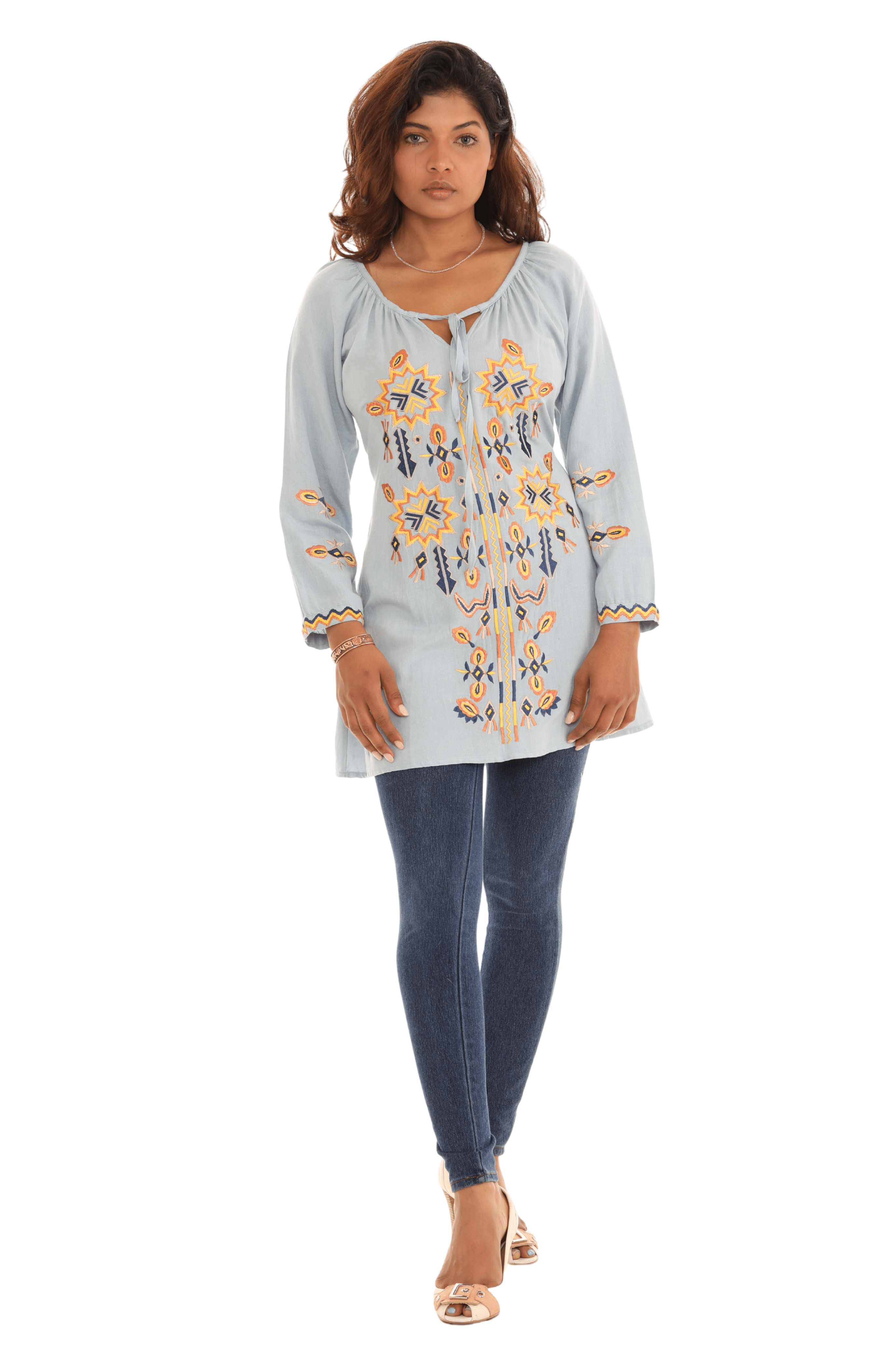 Embroidered flowers three-quarter sleeve top - Shoreline Wear, Inc.