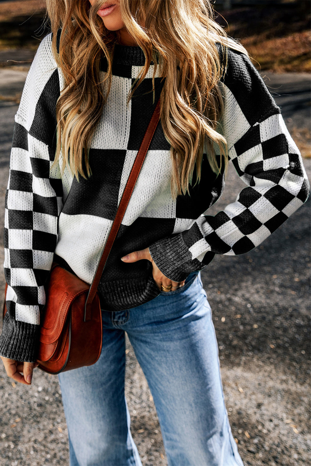 Checkered Round Neck Drop Shoulder Sweater - Charming Charlie