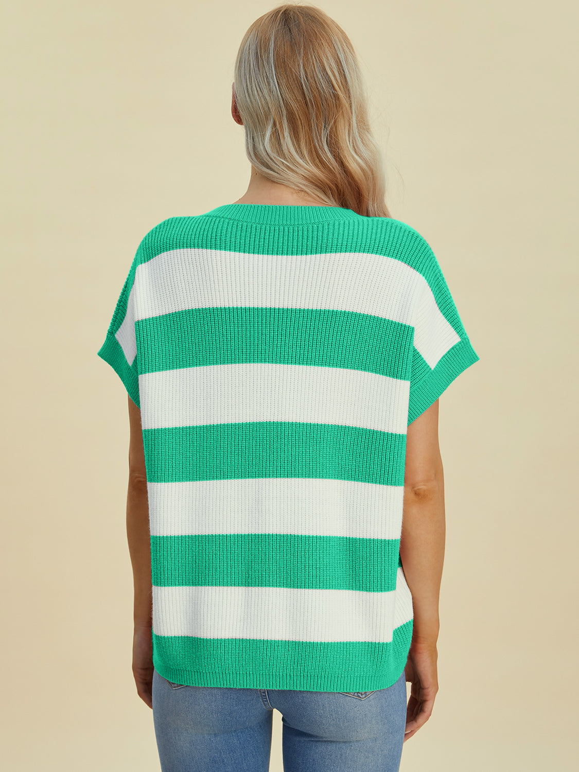Double Take Full Size Striped V-Neck Short Sleeve Sweater - Charming Charlie