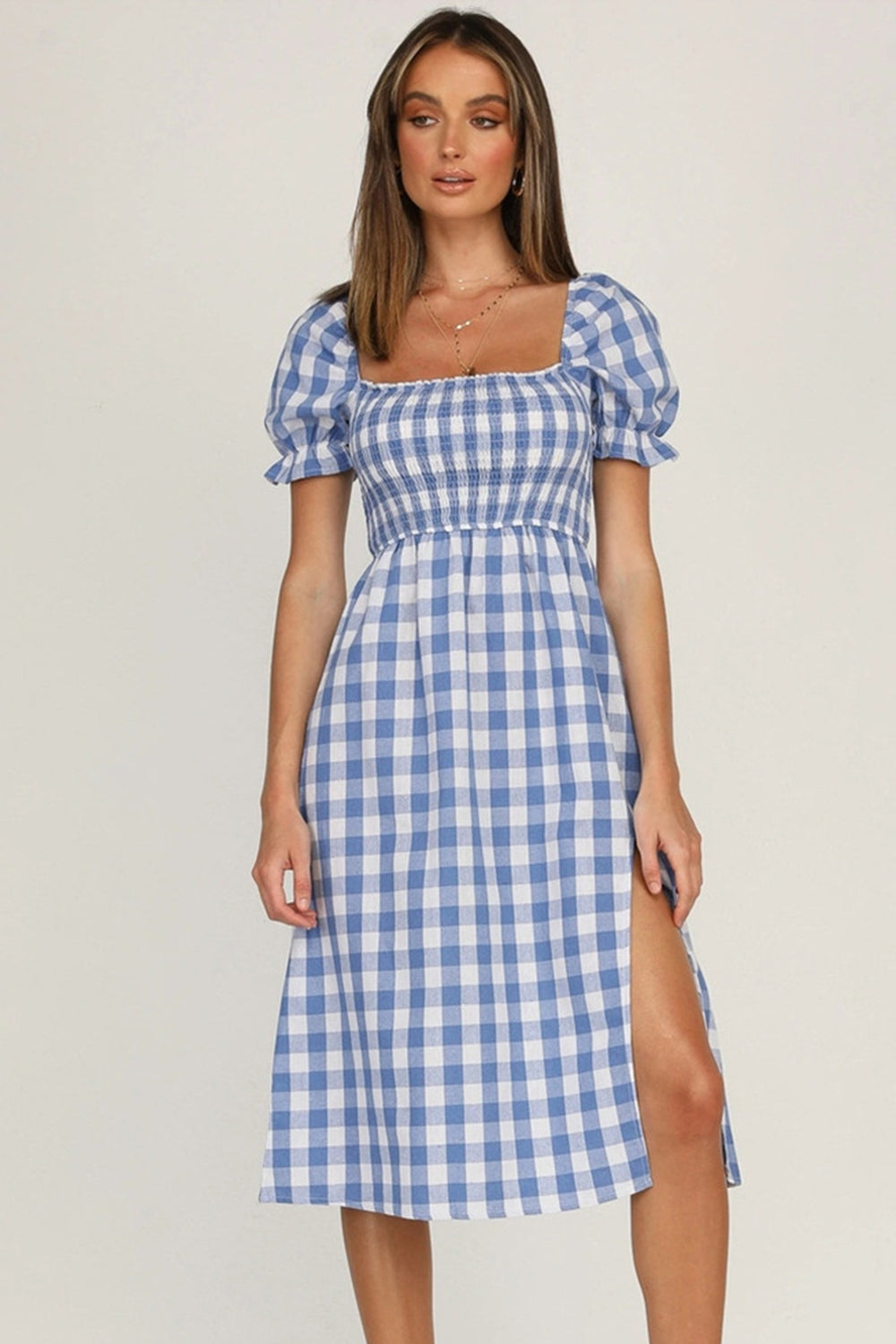 Full Size Slit Plaid Short Sleeve Midi Dress - Charming Charlie