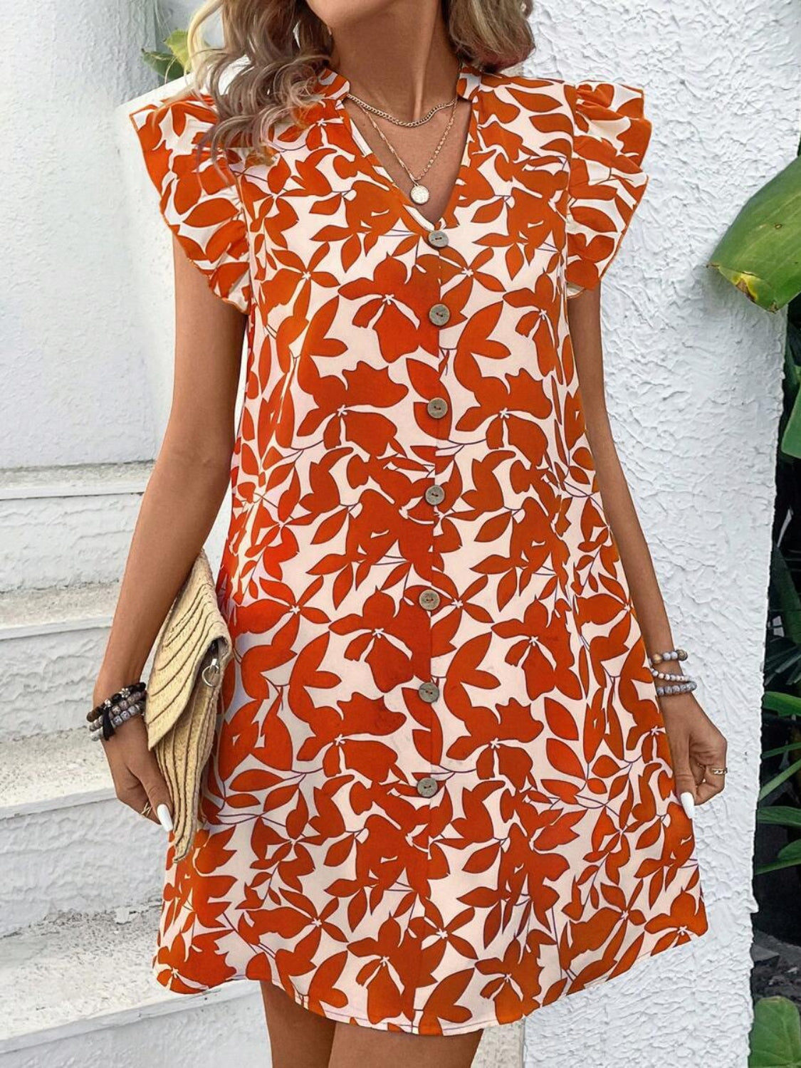 Printed Notched Cap Sleeve Mini Dress - Charming Charlie