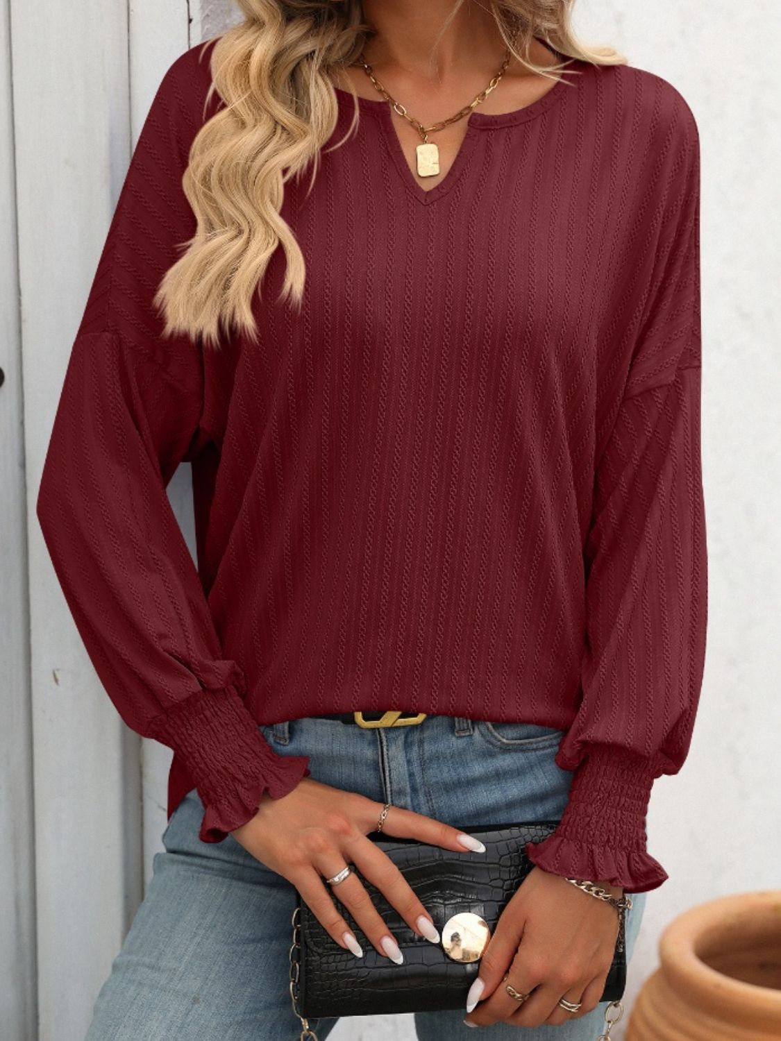Textured Notched Lantern Sleeve T-Shirt - Charming Charlie