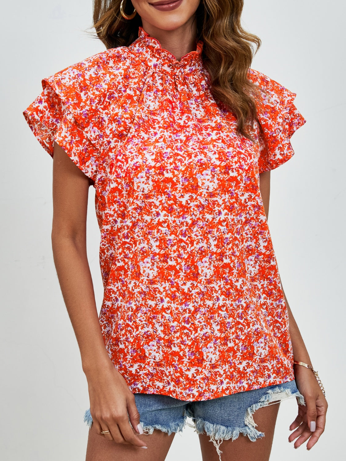 Ditsy Floral Mock Neck Flounce Sleeve Blouse - Charming Charlie