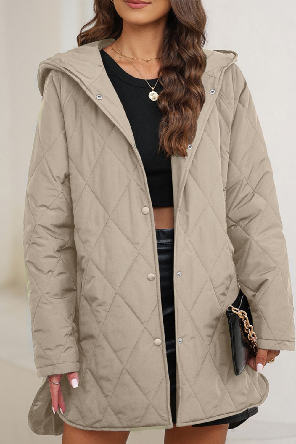 Snap Down Long Sleeve Quilted Winter Coat - Charming Charlie