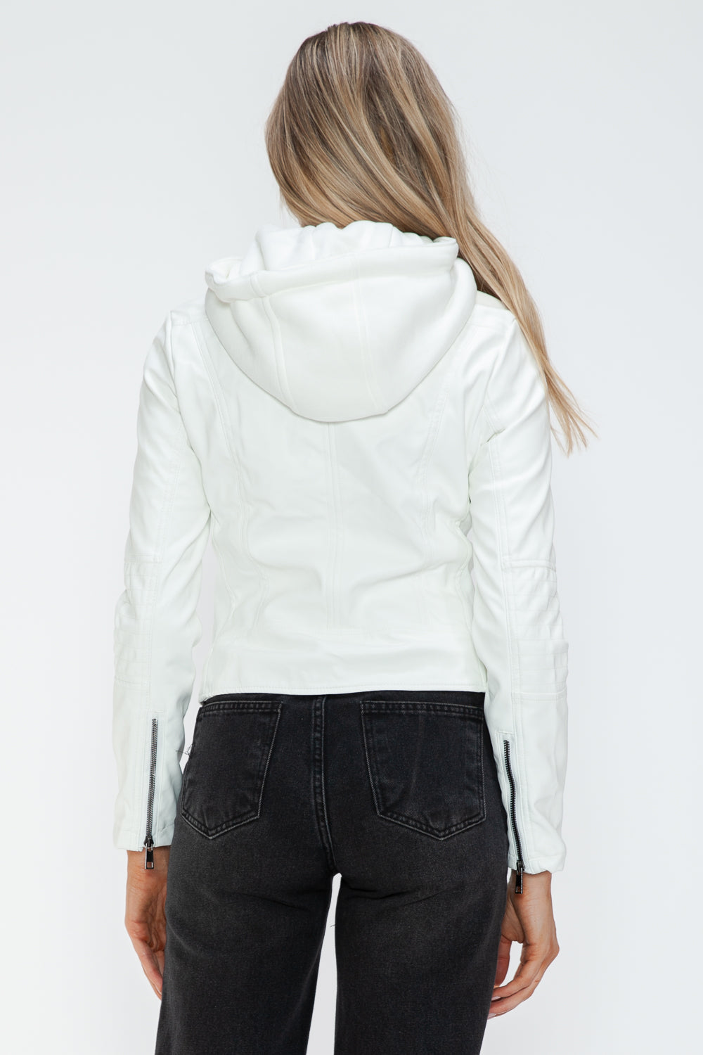 Snobbish Faux Leather Zip Up Drawstring Hooded Jacket - Charming Charlie