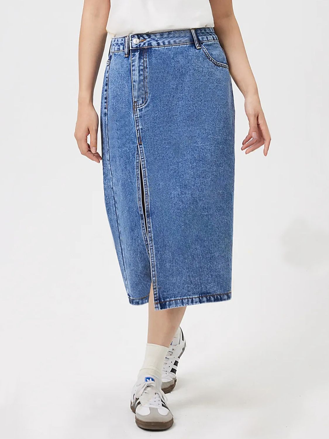 Slit Midi Denim Skirt with Pockets - Charming Charlie