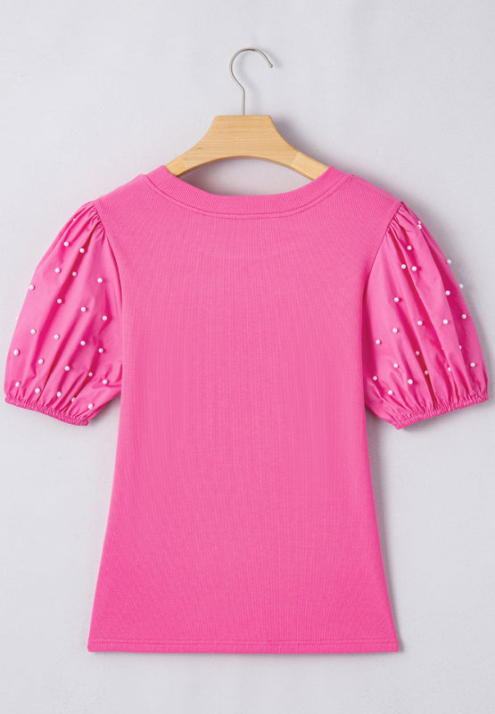 Pearl Detail Round Neck Puff Sleeve Blouse - Charming Charlie