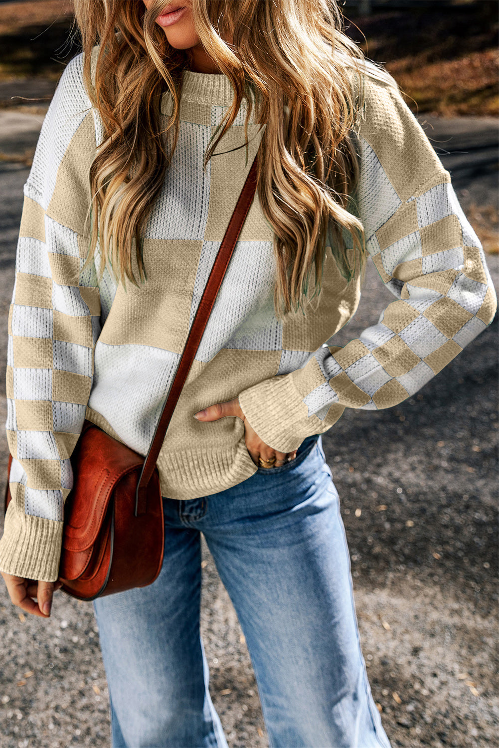 Checkered Round Neck Drop Shoulder Sweater - Charming Charlie