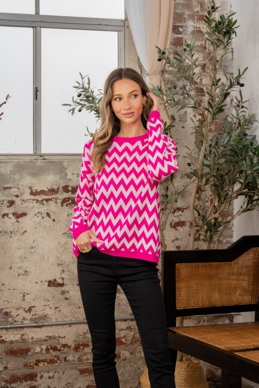 Sew In Love Full Size Wave Stripe Contrast Long Sleeve Sweater - Charming Charlie