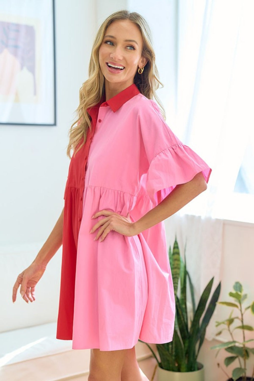 First Love Full Size Color Blocked Button Down Babydoll Dress - Charming Charlie