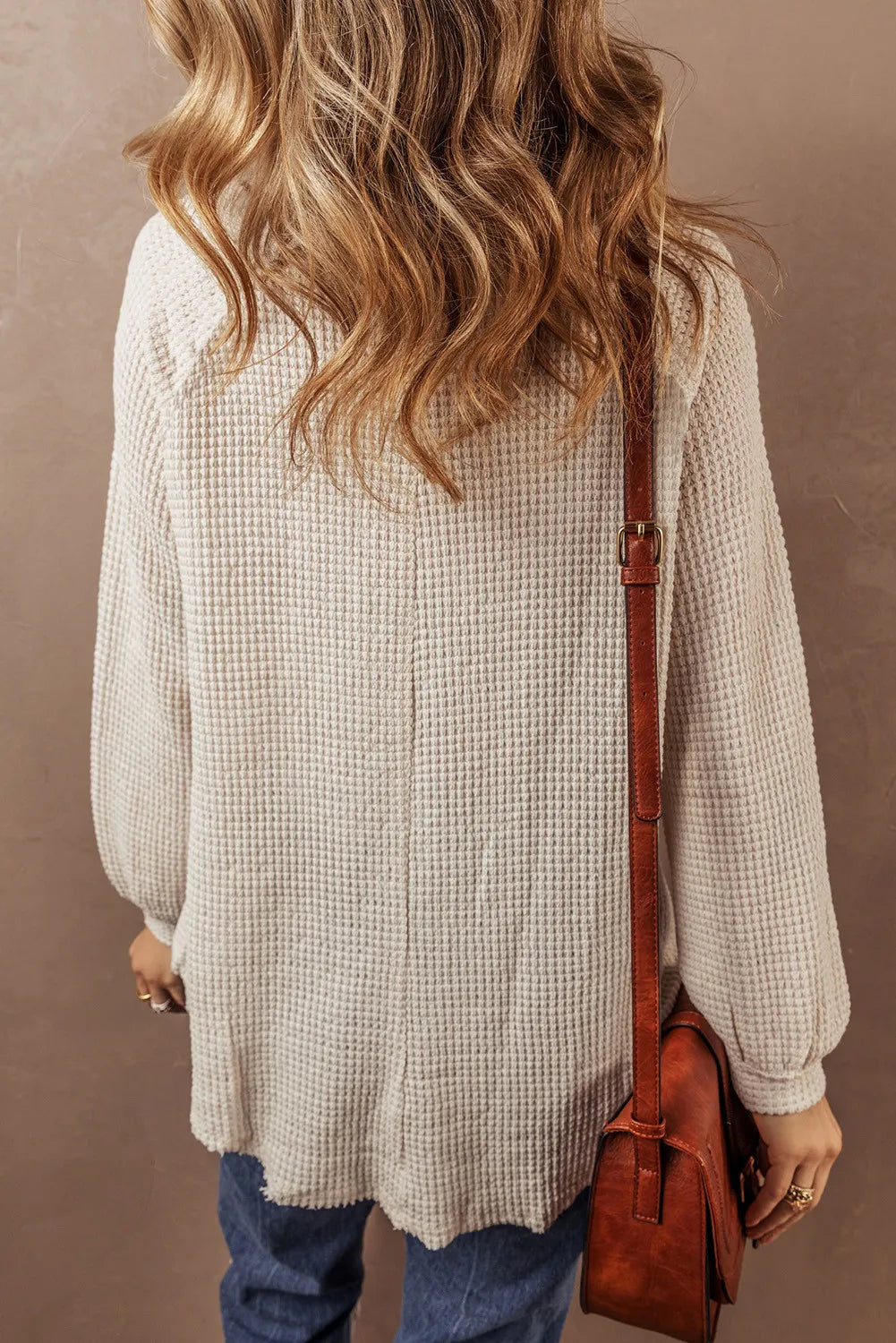 Waffle-Knit Half Button Round Neck Long Sleeve Top - Charming Charlie