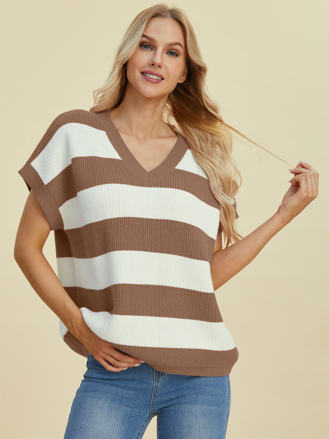 Double Take Full Size Striped V-Neck Short Sleeve Sweater - Charming Charlie