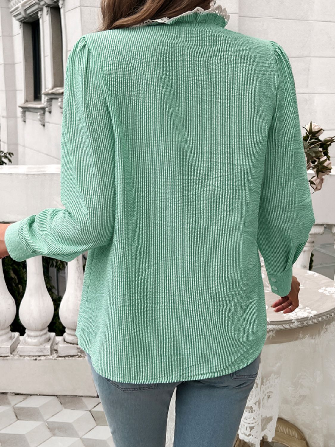 Lace Detail Ruffled Round Neck Long Sleeve Shirt - Charming Charlie