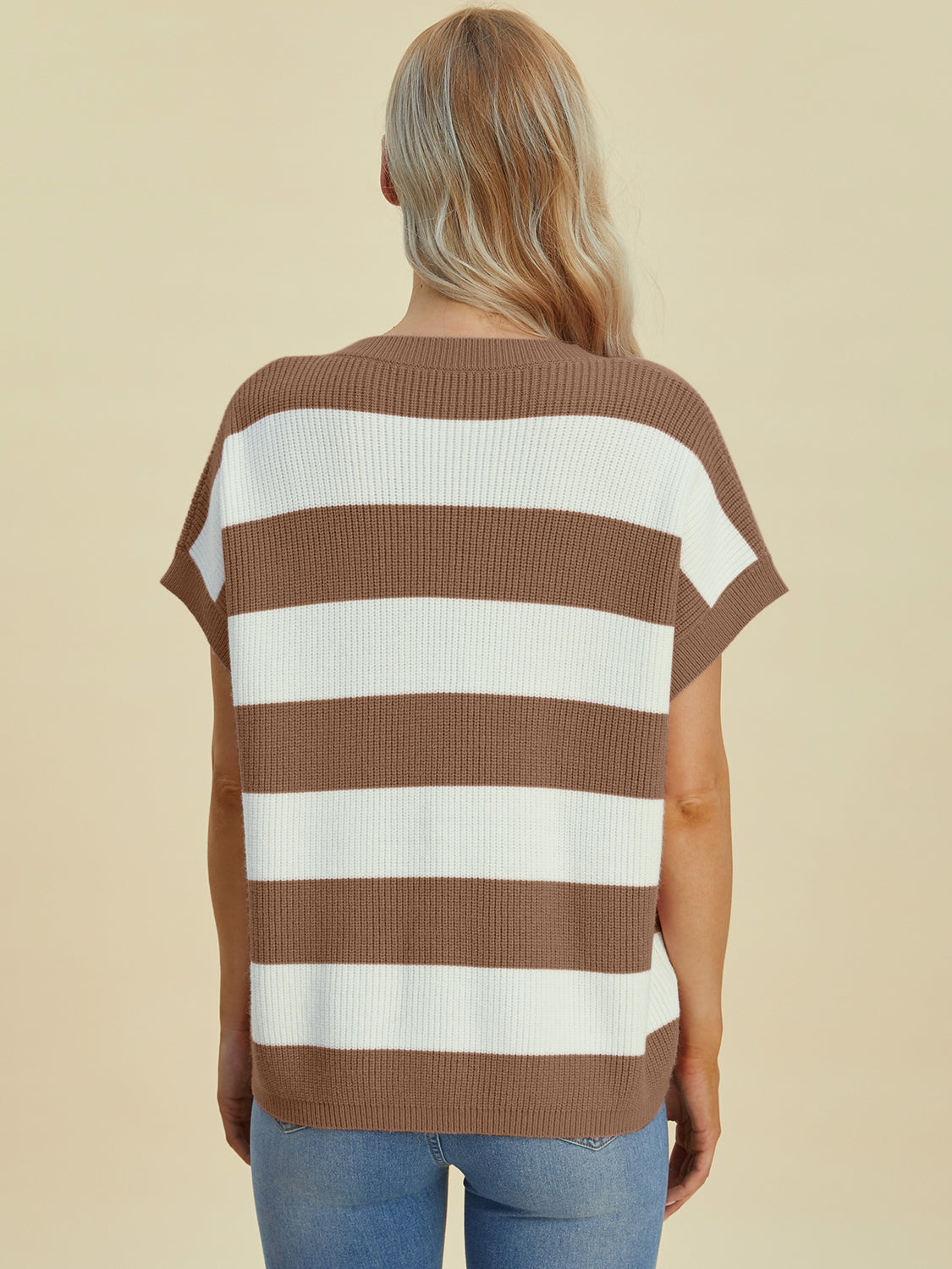 Double Take Full Size Striped V-Neck Short Sleeve Sweater - Charming Charlie