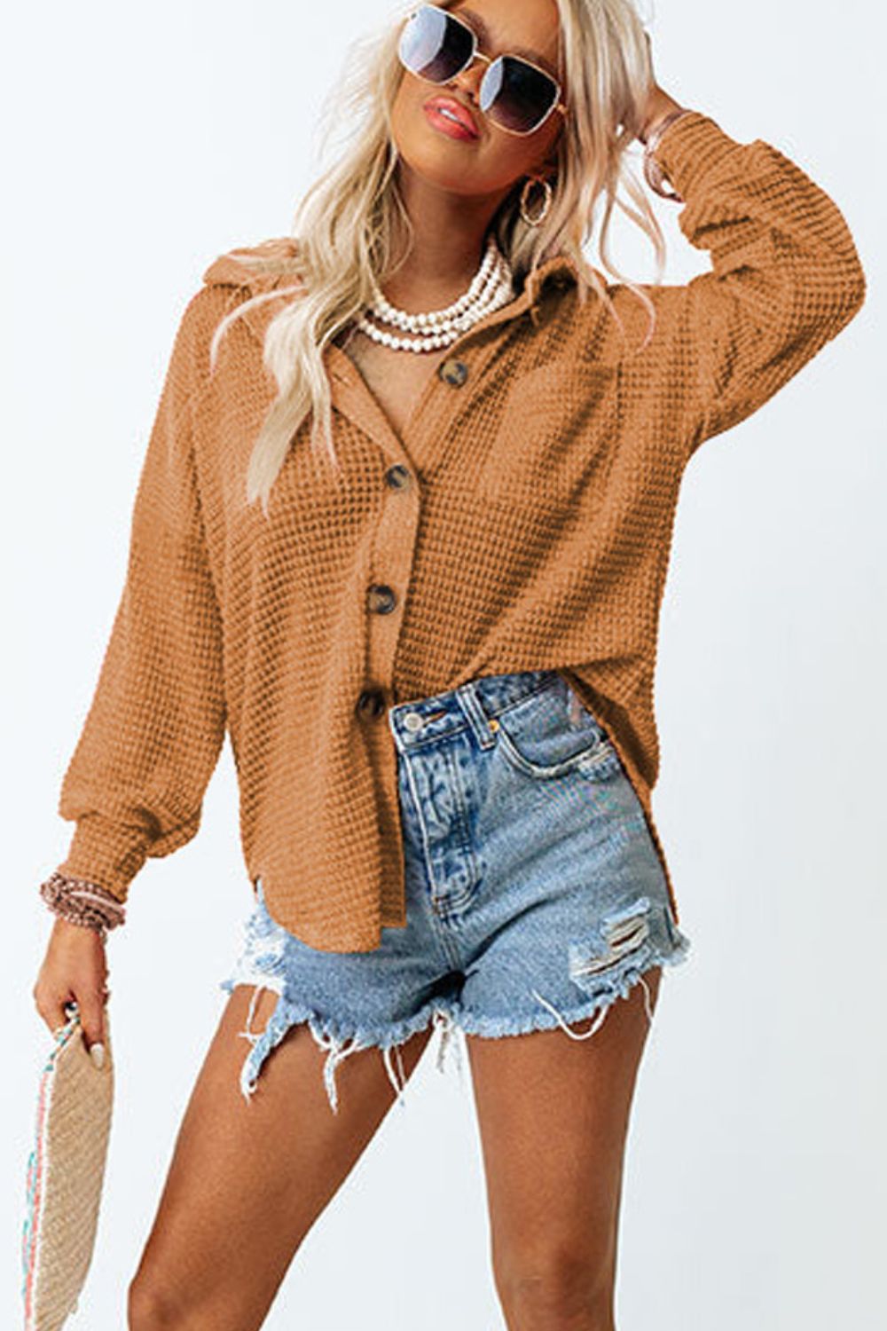 Waffle-Knit Collared Neck Long Sleeve Shirt - Charming Charlie