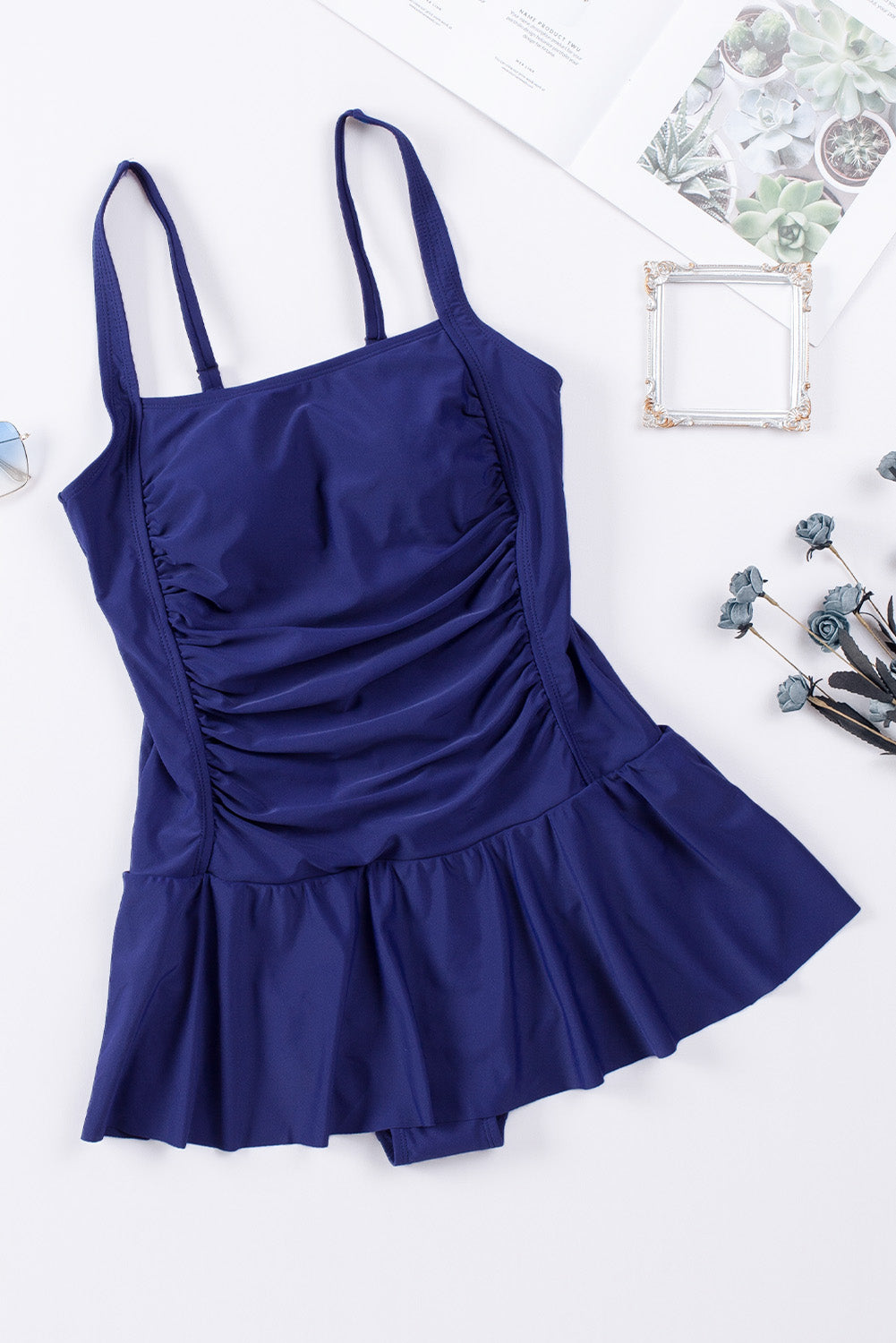 Ruched Square Neck Sleeveless One-Piece Swimwear - Charming Charlie