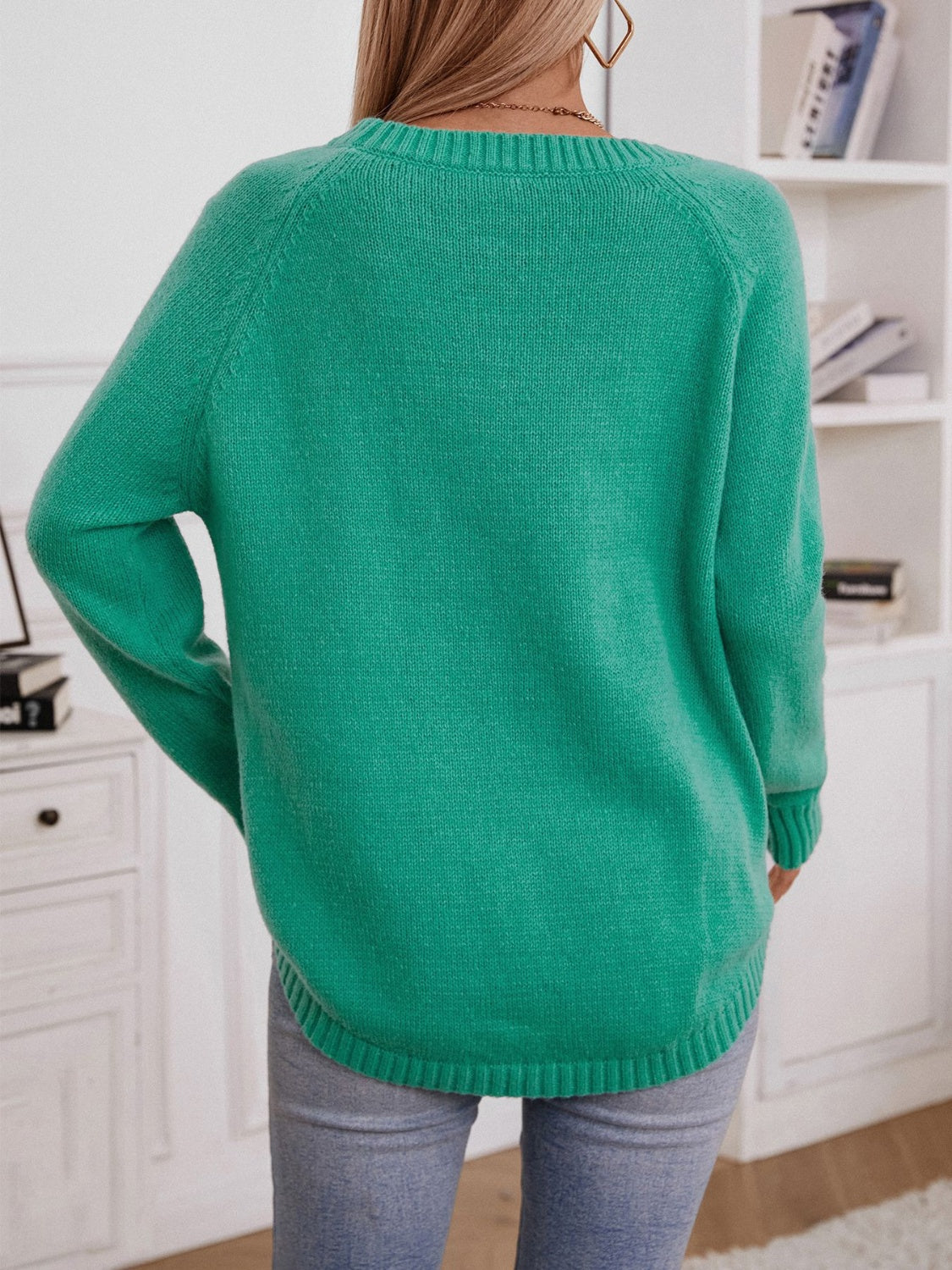Decorative Button Round Neck Raglan Sleeve Sweater - Charming Charlie