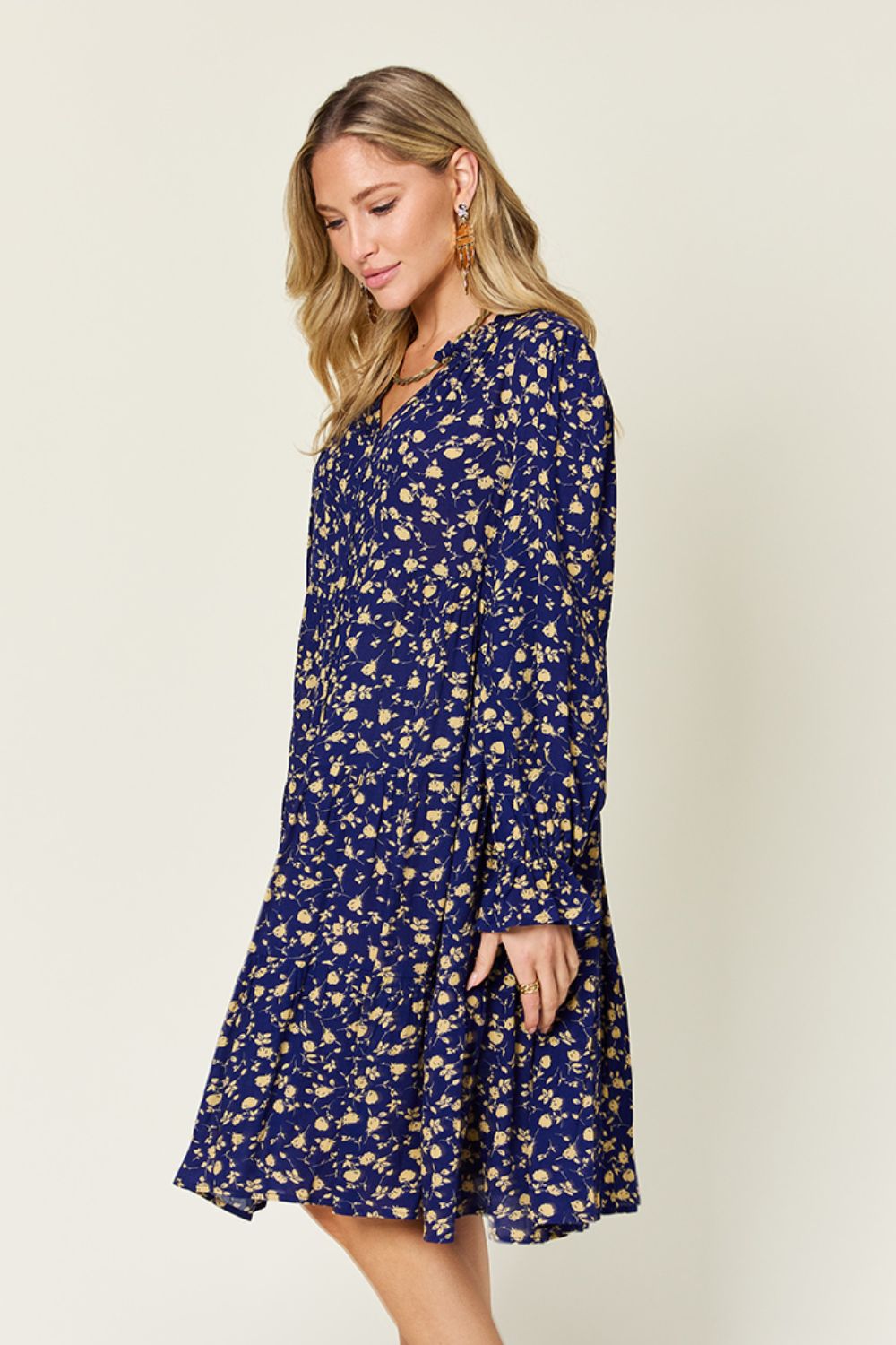 Double Take Full Size Printed Ruffle Hem Long Sleeve Tiered Dress - Charming Charlie