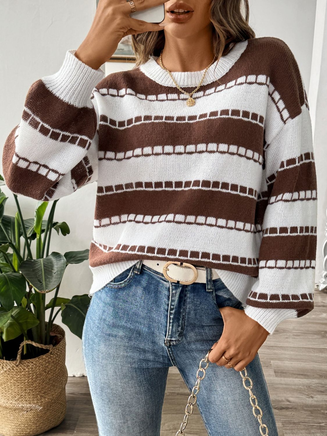Striped Round Neck Long Sleeve Sweater - Charming Charlie
