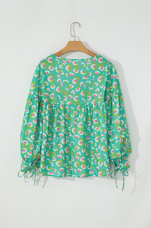 Printed Lace-up Lantern Sleeve Babydoll Blouse - Charming Charlie