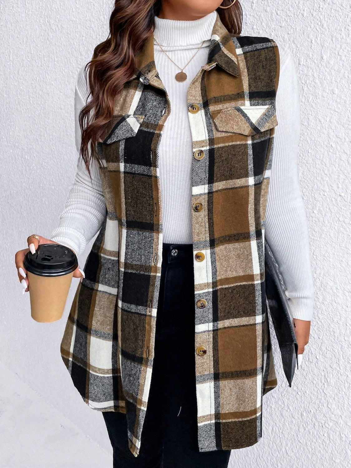 Honey Plus Size Pocketed Plaid Button Up Vest Coat - Charming Charlie