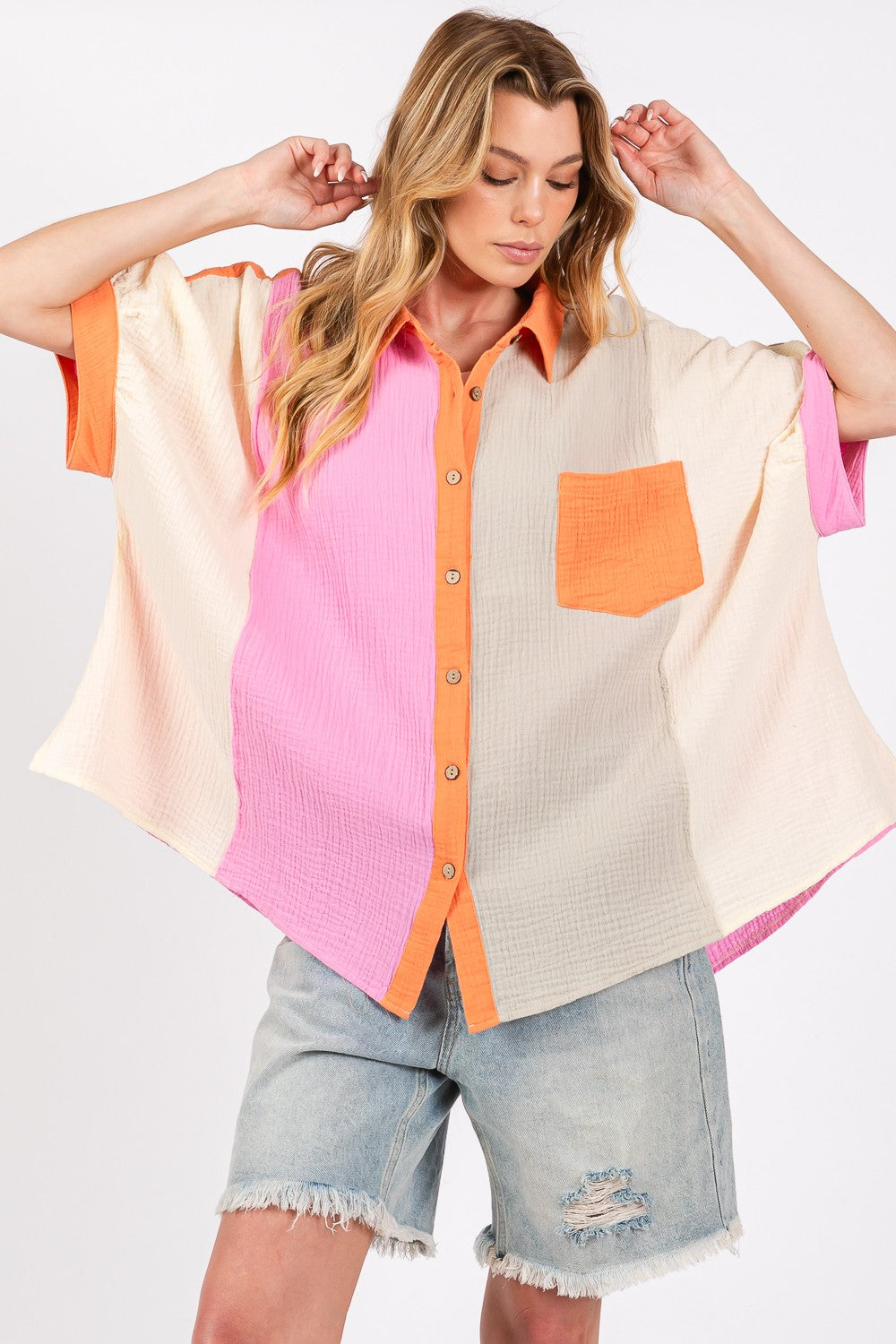 SAGE + FIG Full Size Color Block Button-Down Shirt - Charming Charlie
