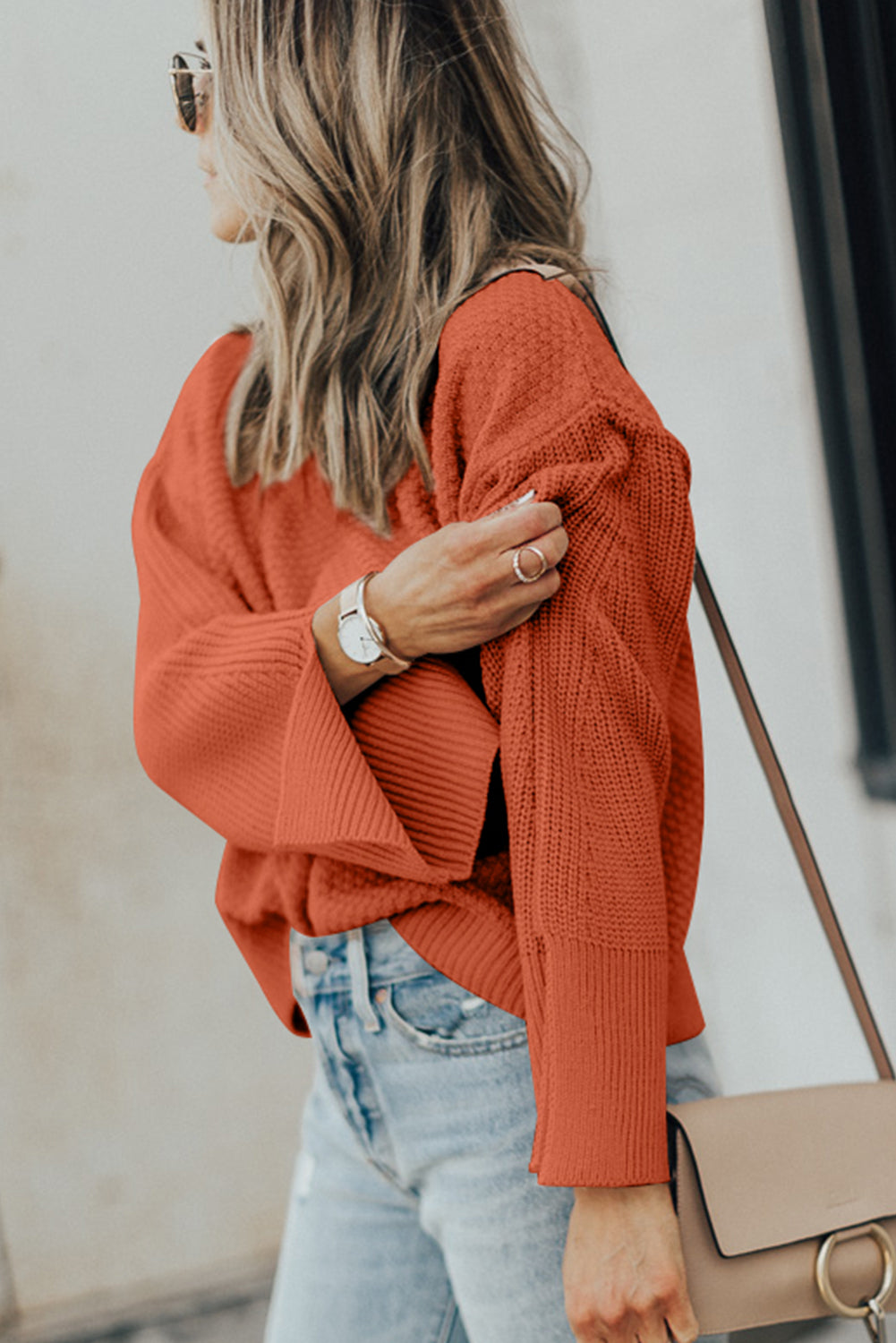 Textured Round Neck Long Sleeve Sweater - Charming Charlie