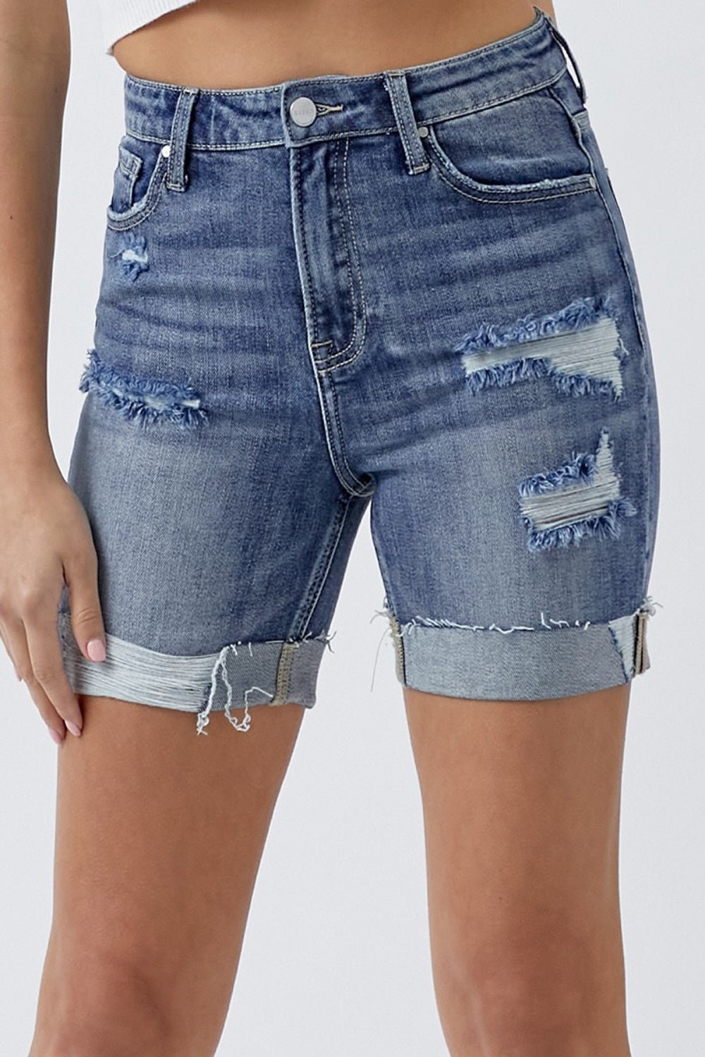 RISEN Full Size Distressed Rolled Denim Shorts with Pockets - Charming Charlie