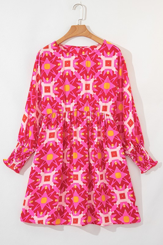 Geometric Print Smocked Long Sleeve Mini Dress - Charming Charlie